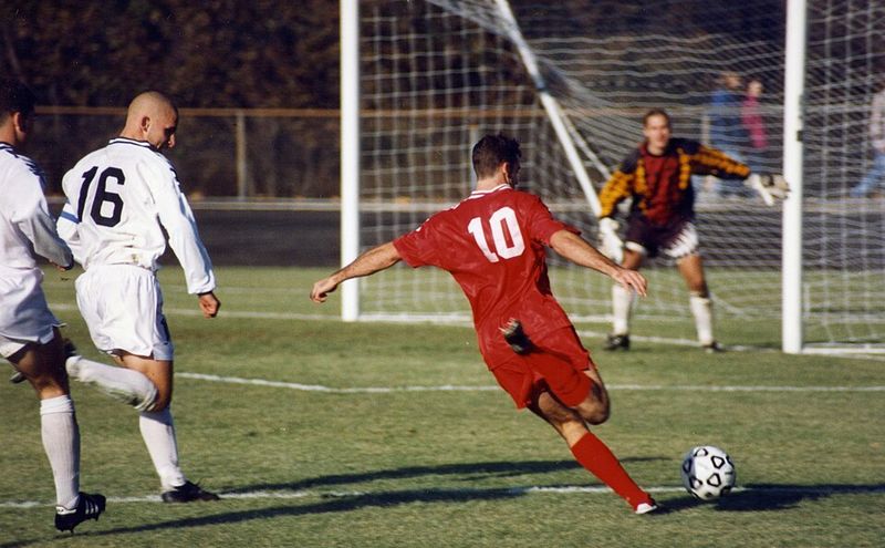 A striker lines up a shot